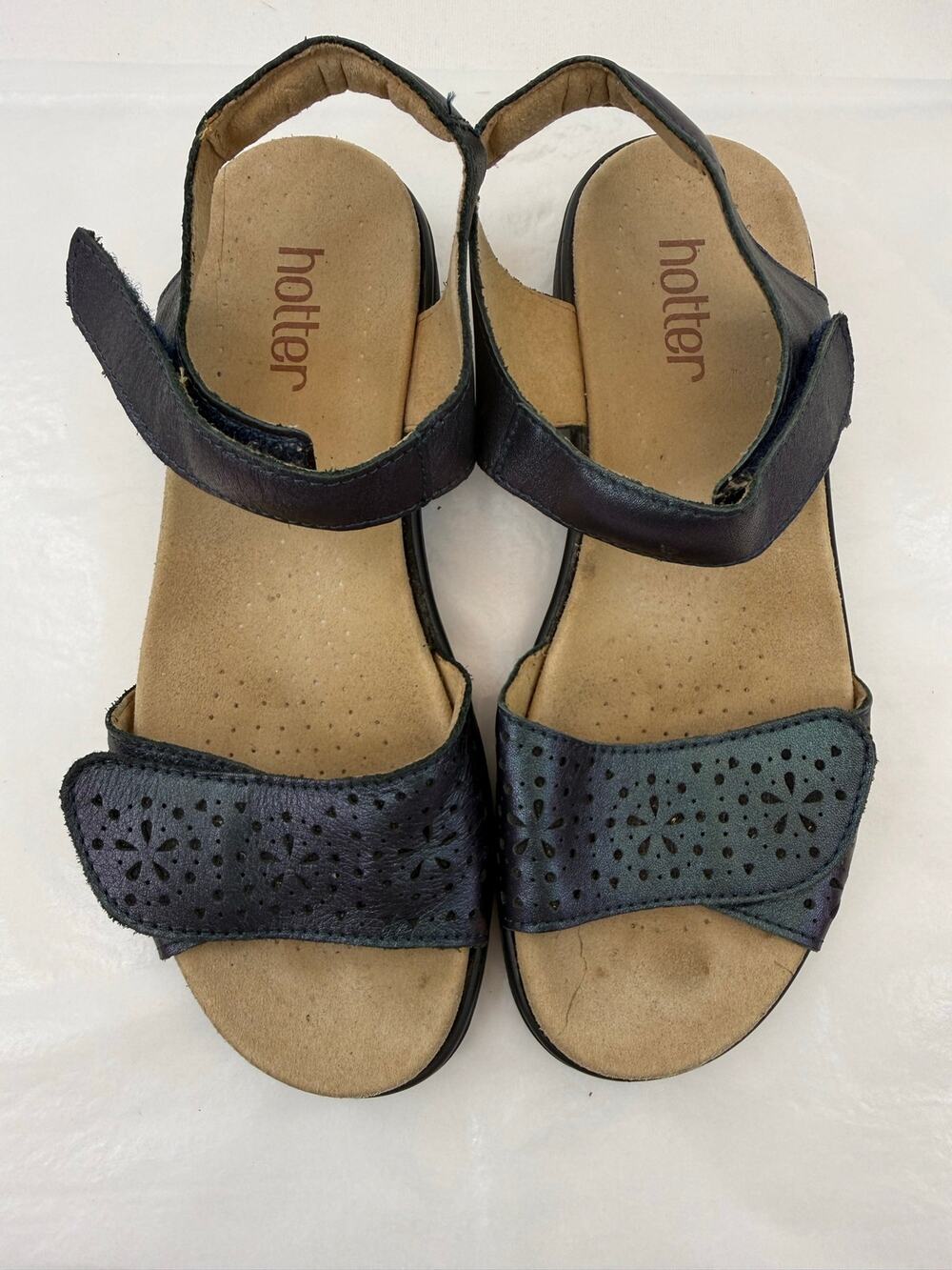 Hotter Leah‎ Leather Comfort Sandals Midnight Blue Iridescent Hook Loop US 7.5